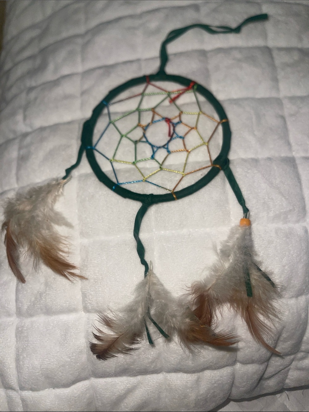 Handmade Green Dreamcatcher with Multicolor Web and Feather Accents